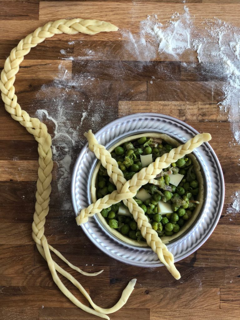 pie piselli, pancetta e cipolla